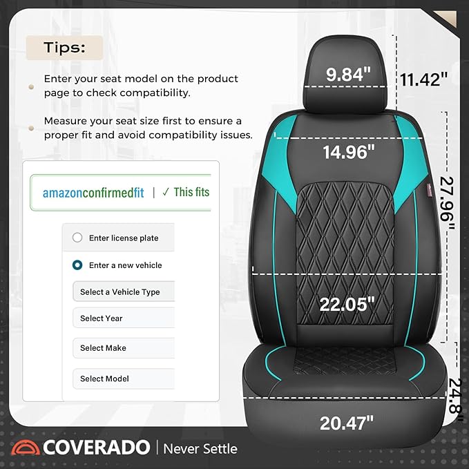 Coverado Seat Covers Full Set, Faux Leather Car Seat Covers for Cars, Waterproof Car Seat Cover, Universal Seat Covers, Car Seat Protector Car Seat Cushion Universal Fit Most Cars Trucks, Black&Blue
