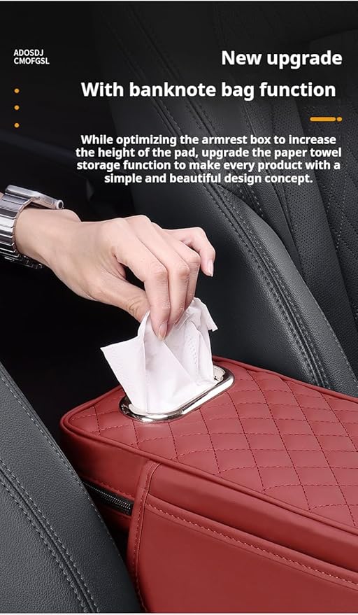 Center Console Cover Arm Rest Cover Leather Car Armrest Box Pad with Pocket Tissue Box Hole Auto Armrest Cover Cushion for Car Sedan Vehicle (Red)