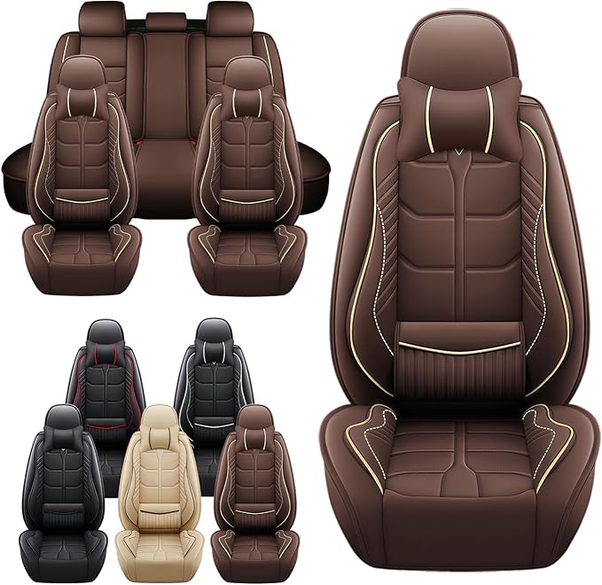 Leather Car Seat Covers Fit for Toyota Sienna 1997-2024, 5 Seater Car Seat Cover, Premium Waterproof, Scratch Resistant Car Interior Accessories (Full Set with Pillow Coffee)