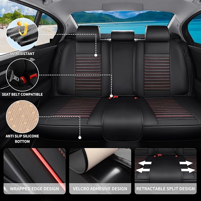Car Seat Covers Full Set Fit for Toyota Venza 2009-2026, Premium Faux Leather Car Seat Protector,Breathable Anti-Slip Full Wrapping Edge Seat Covers(Black&Red,Full Set)