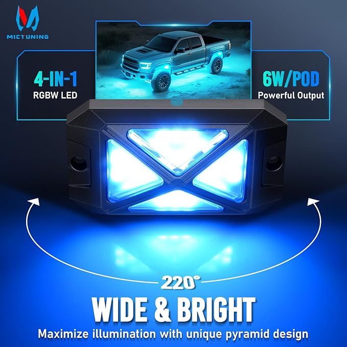 MICTUNING C4+ RGBW Rock Lights, 16 Pods 360° Ultra Bright Pure Color Underglow Neon Lights, Bluetooth APP Control & Music Mode, IP68 Waterproof, for Trucks Cars ATV UTV Golf Cart (2 Year Warranty)