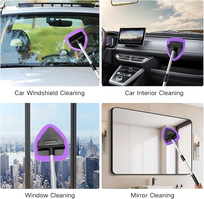 Qydipclin 10pcs Windshield Cleaner Tool, Car Window Cleaning Wash Kit with 4 Reusable Microfiber Pads 1 Spray Bottle and Extendable Handle Auto Glass Wiper Kit, Purple
