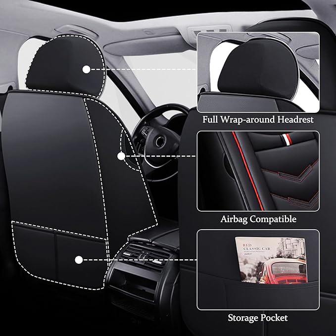 Car Seat Cover 6 Seats for Ford Explorer 2000-2026, Waterproof Durable Compatible Airbag, Premium Leather Seat Protector(6 Seats Standard,Black Red)