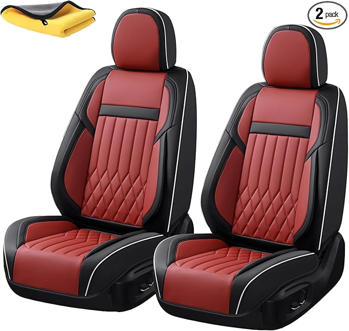 KEYOOG 2-Seater Waterproof and Breathable Nappa Leather Car Seat Covers Full Set, Fit for Front Seats of Cars, Compatible with Airbags, Car Seat Protector Covers for Most Cars - Black Red