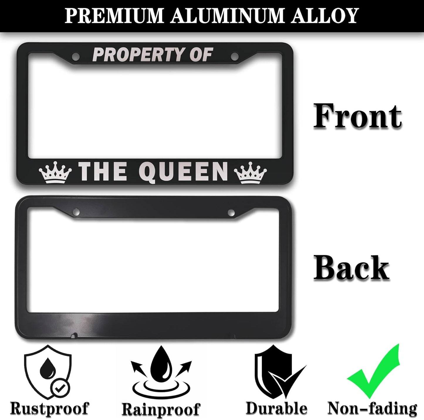 License Plate Frame Black and White License Plate Holder Property of The Queen Universal Aluminum Car Accessory 2 Pack with Screw Covers Set