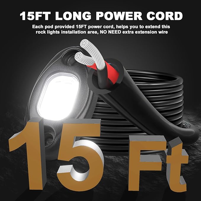 Rock Lights with 15FT Wire Extender, Aluminum Case, 24Chip High Power 6000k Pure White, Waterproof IP68 Underglow Lights for Trucks Jeep UTV ATV(12 PCS)