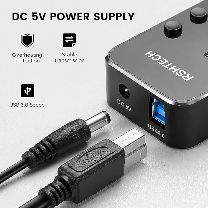 USB 3.0 Hub, RSHTECH 7 Port Powered USB Hub Expander Aluminum USB 3.0 Data Port hub with Universal 5V AC Adapter and Individual On/Off Switches USB Splitter for Laptop and PC(Black) (Pack of 2)