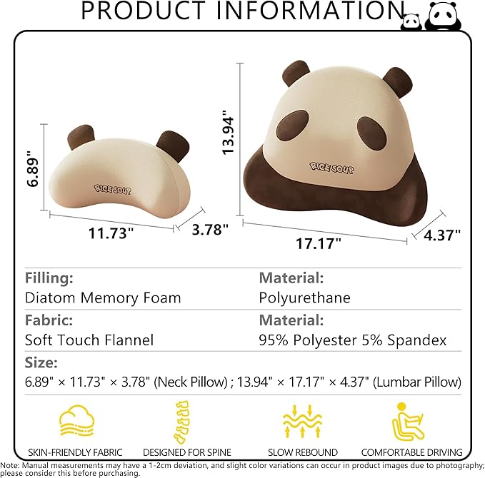 Cute Panda Car Neck Pillow & Lumbar Support Memory Foam Cushion for Driving Adjustable Headrest Waist Pillow for Most Seats (Brown, Headrest 2Pcs)