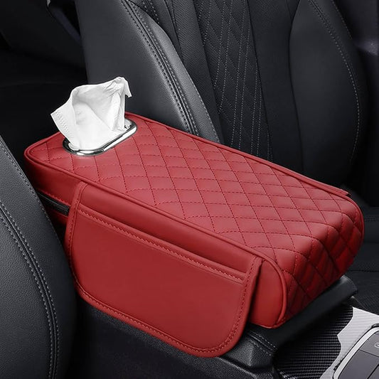 Center Console Cover Arm Rest Cover Leather Car Armrest Box Pad with Pocket Tissue Box Hole Auto Armrest Cover Cushion for Car Sedan Vehicle (Red)