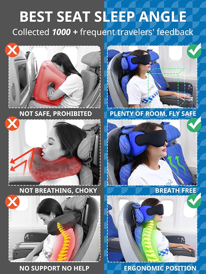 Travel Pillows for Airplanes, Airplane Pillow for Long Flight, Airplane Head Strap with Eye Mask for Sleep, Travel Neck Pillow for Car Road Trip, 360° Support Headrest, Stop Bobblehead, Orange