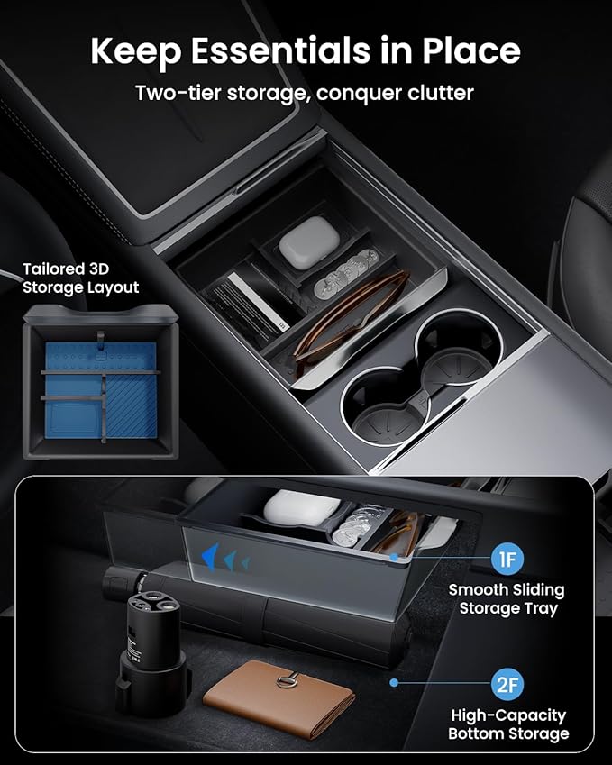 REEVAA Center Console Organizer for Tesla Model Y Juniper 2025-2026 (Premium & Performance), Model 3 Highland 2024-2026 All Trims [Dual-Tier Storage, Seamless Fit], Premium Silicone Liner, 4PCS, Black