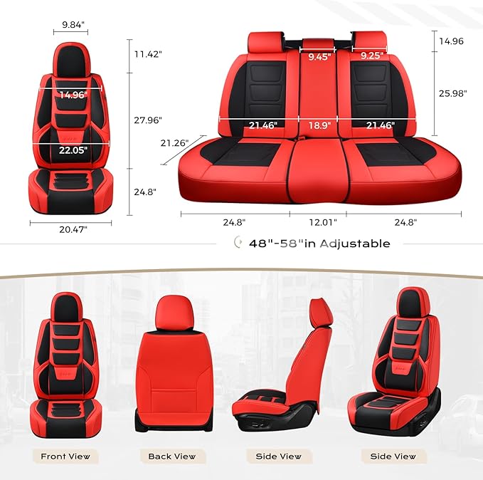 Coverado Car Seat Covers Full Set, Seat Covers for Cars, Front Seat Covers and Back Seat Cover Waterproof Leather Automotive Seat Cover, Universal Car Interior Protectors Cushion for Most Cars Red