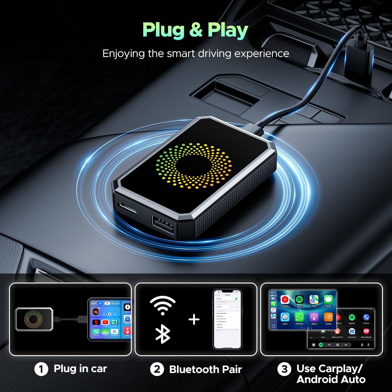 LAMTTO 3-in-1 Magic AI Box Video Player for Streaming Netflix/YouTube/TikTok on Car Screen Wireless Carplay Adapter Dongle with USB Drive for OEM Wired Apple Car Play Cars