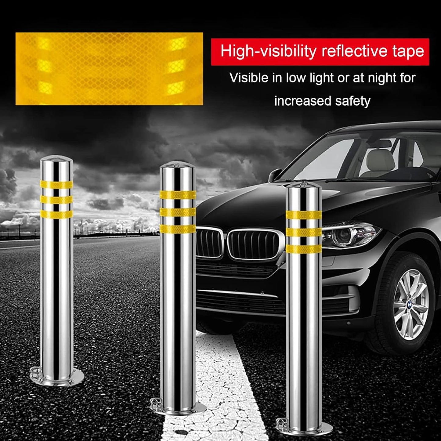 Stainless Steel Parking Bollards for Driveway, Industrial Safety Bollards Reflective Channelizer Post, Parking Barrier, Sturdy and Durable, Easy to Install, for Crowd Control(Silver (1pcs),8.9*75cm/3.