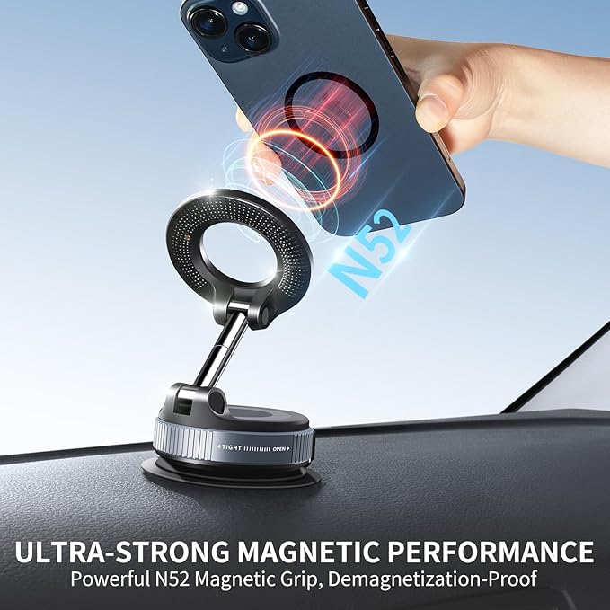 ILKCC Vacuum Suction Magnetic Phone Holder, 2025 Upgraded Vacuum Suction Cup Mount for Magsafe, 360° Adjustable Foldable Portable Magnetic Car Phone Stand for Cars/Gyms/Mirrors/Smooth Surface (Black)