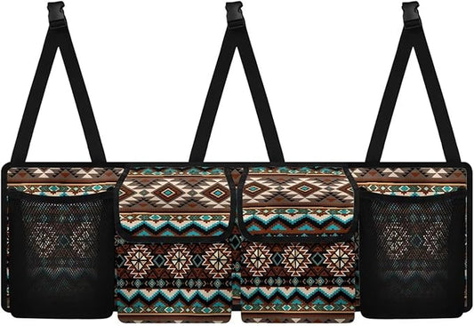 Tribal Aztec Print Car Trunk Organizer and Storage, Backseat Hanging Organizer for SUV, Truck, Waterproof Cargo Storage Bag with 4 Pockets, Car Interior Accessories