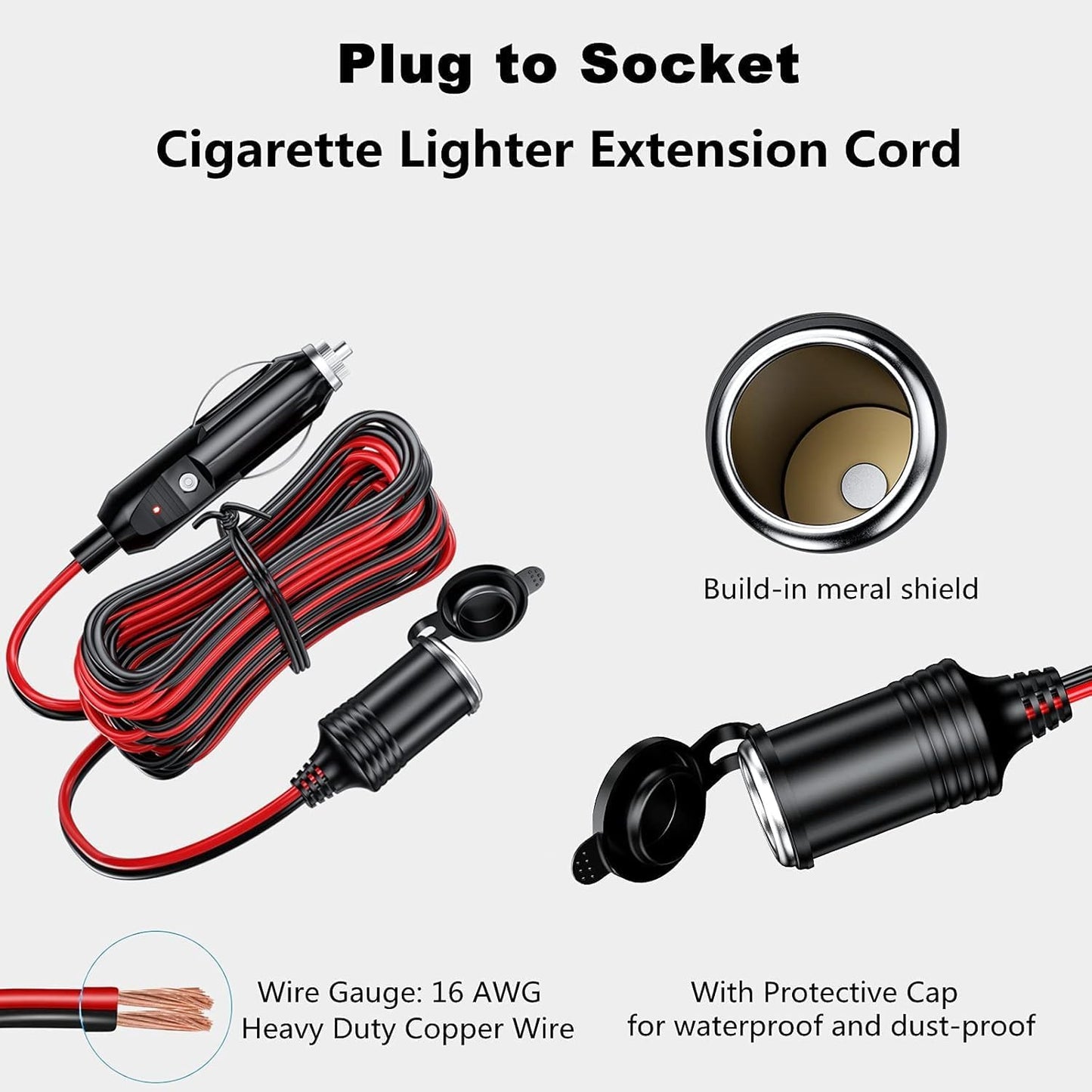KEWIG 12/24V Car Cigarette Lighter Extension Cord - 13FT Cigarette Lighter Plug Cable- 16AWG Heavy Duty Extension Cable with 15A Fuse and LED Indicator