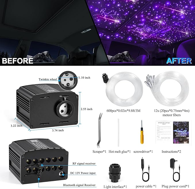 Car Starlight Headliner Kit, 16W Twinkle & Meteor Star Ceiling Lights, 2 in 1 Fiber Optic Light Engine 600pcs*0.02in*9.8ft+240 RGBW Shooting Stars Lights for Car Home Roof Décor