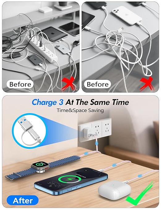 2Pack Multi Charging Cable Cord for Travel Essentials,Apple Watch Charger,iPhone Charger,[3-in-2] Type C/Lightning Cable Portable Designed for iWatch,iPhone 17-8,Galaxy S25-21,AirPods,iPad-1.5M Pink
