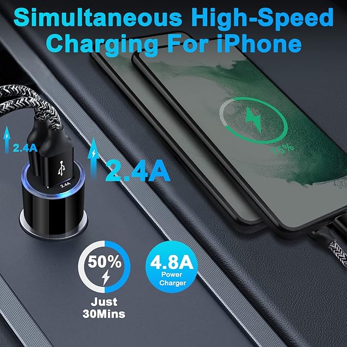 Car Charger, 3Pack 4.8A Rapid Car Phone Charger - USB Cigarette Lighter for iPhone 15 14 13 12 11 Pro Max SE XR XS X 8 7 6, Samsung Galaxy S23 S22 S21 S20 A13 A32 S10 S9 S8 S7, Android