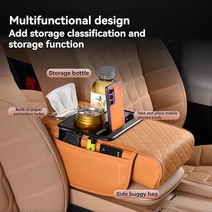 Multifunctional Pu Leather Car Armrest Box Mat, 5-In-1Multifunctional Car Armrest Cushion, Car Arm Rest Cover Pad, Center Console Organizer with Cup Holder, Tissue Box & Phone Slot (Black)