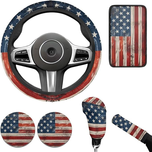 American Flag 6pcs Car Decor Set for Women Men Car Steering Wheel Cover Retro Style Armest Cushion Auto Interior Decor Cup Holder for SUV Truck Sedan