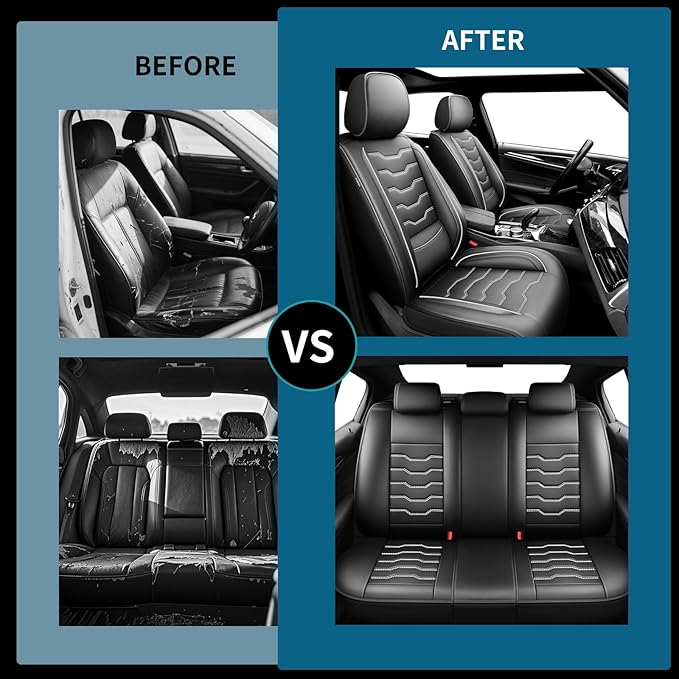 Fit Sonata Car Seat Covers Premium Leather for Hyundai Sonata 2007-2025 2026. Waterproof， Breathable, Scratch-Resistant & All-Weather Seat Cushion Protector（Full Set,White Line Black