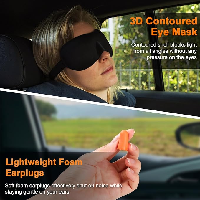 Travel Pillow - Hooded Neck Pillow Airplane Memory Foam Filling for Plane, Office, Cars Sleeping, Road Trip, Long Flights, Airplane Travel Essentials, Includes Eye Mask & Earplugs (Green)