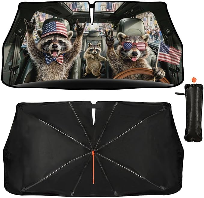 Funny Rocking Raccoon Print Car Sunshade Umbrella Funny Rocking Raccoon Windshield Sun Shade for Car Retractable Umbrella Sunshades for Front Window Sun Shades Cover Visor Portector Block UV Rays