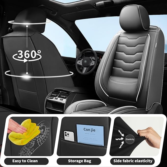 Fit Sonata Car Seat Covers Premium Leather for Hyundai Sonata 2007-2025 2026. Waterproof， Breathable, Scratch-Resistant & All-Weather Seat Cushion Protector（Front Seat,White Line Black