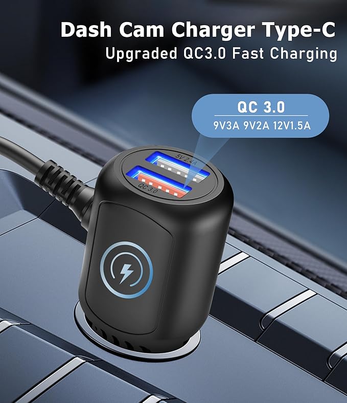 Dash Cam Charger USB C,Type C Dash Cam Power Cord,Dual USB Fast Charger, Compatible with REDTIGER F7N Series,Vantrue N4 and N2S Series,WOLFBOX Mirror cam,AZDOME,Pelsee and GPS Navigator(6.56FT)