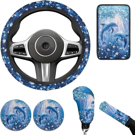 Blue Ocean Car Accessories for Men Women Cute Dolphin Steering Wheel Cover Car Armrest Cover Handbrake Coer Auto Interior Sets