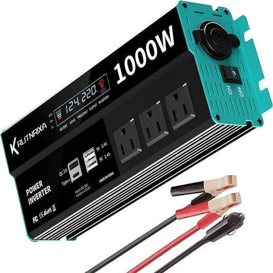 1000W Power Inverters 12V DC to 110V AC Converter for Vehicles USB-C/PD 25 Watts Fast Charging Ports Car Charger Adapter with a Cigarette Lighter Ports Plug Outlet