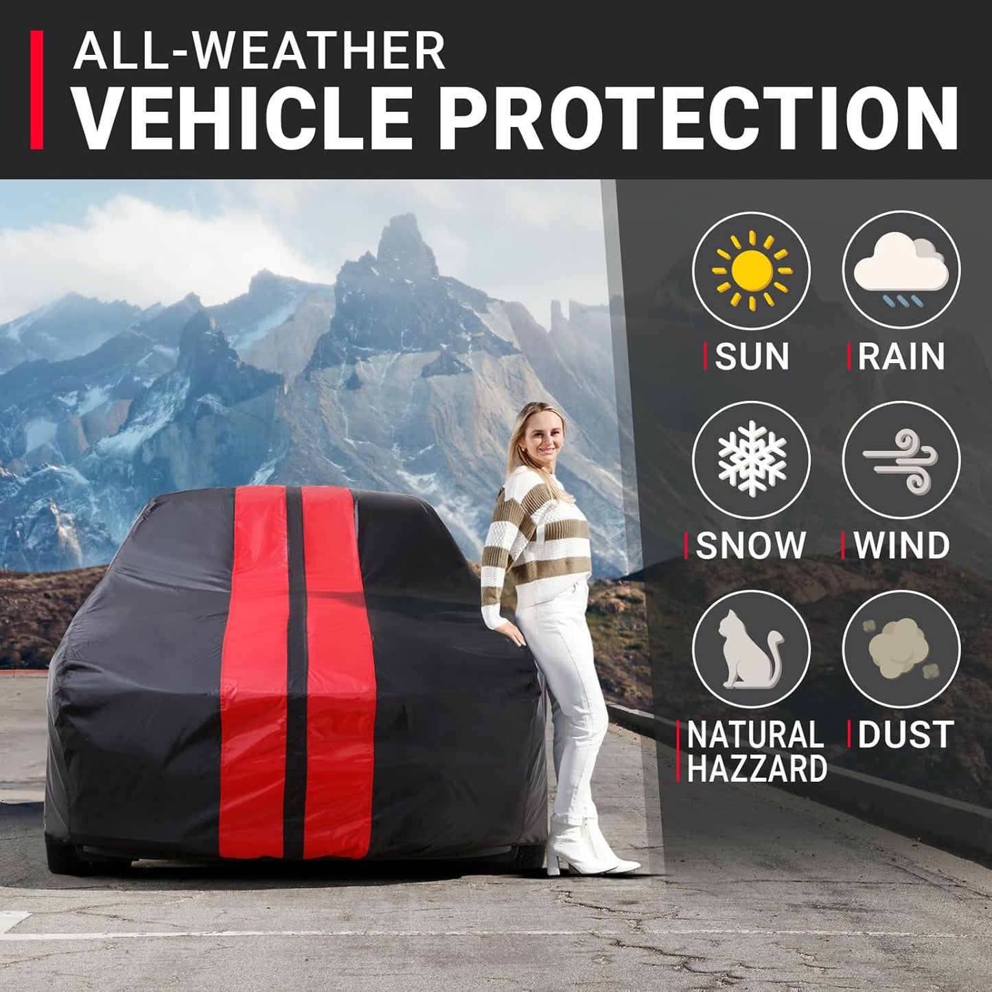 iCarCover Custom Car Cover for Pontiac Parisienne 2-Door, 4-Door (1977-1986) Waterproof All-Weather Rain Snow UV Sun Protector Full Exterior Indoor Outdoor Car Cover (Stripe - Black/Red)