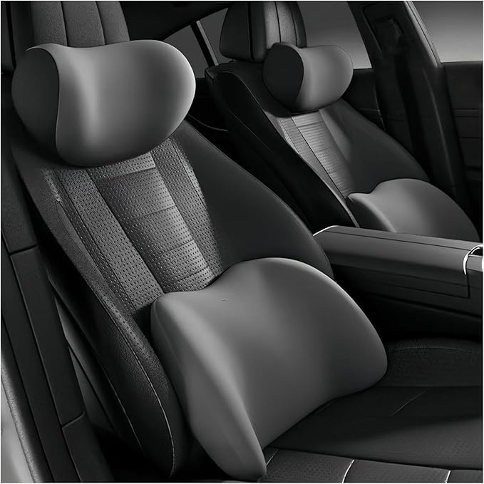 Car Lumbar Support Pillow and Car Neck Pillow Kit for BYD HALO6 2023 2024, Car Seat Neck Back Rest Pillows, Ergonomic Car Seat Headrest & Lumbar Cushion,B Grey