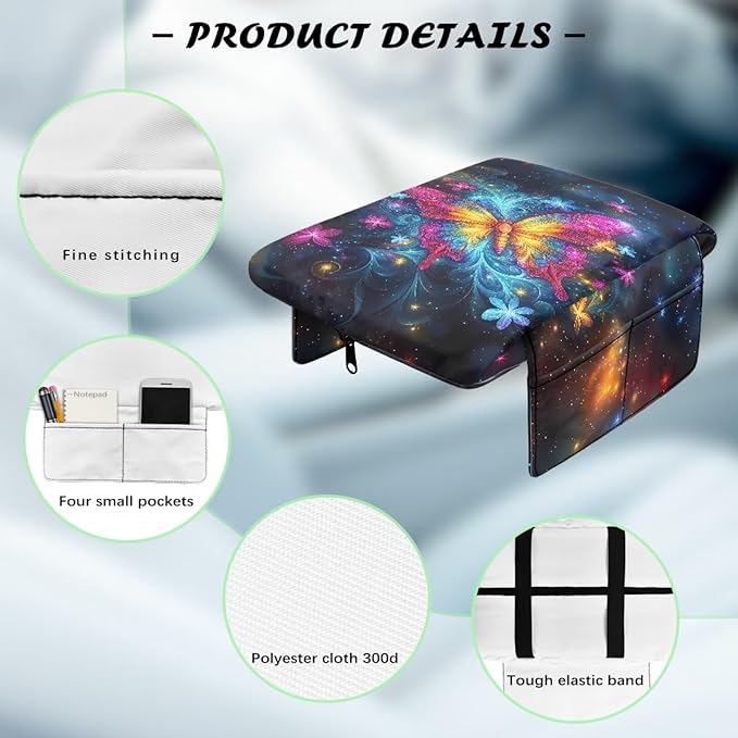Dreaweet Car Center Console Cover with Pockets Galaxy Butterfly Car Accessories Thick Arm Rest Cover for SUV Truck Sedan Non Slip Comfortable Armrest Cushion Cover Pad