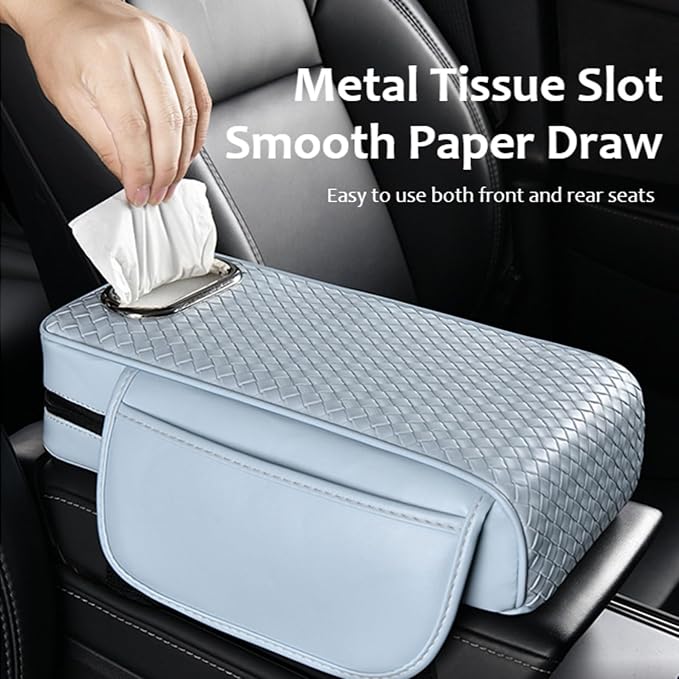 Car Armrest Cushion Cover Car Center Console Memory Foam Booster Pad with Storage Pocket and Tissue Hole for Sedan Vehicle (Grey, 12.99 * 7.09 * 2.95'' / 33 * 18 * 7.5 cm)