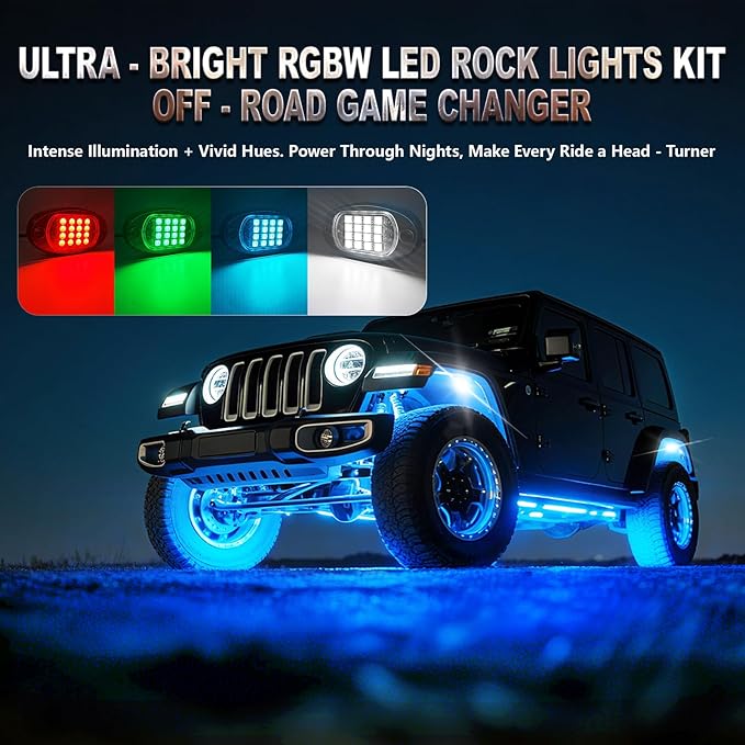 4 Pods RGBW LED Rock Lights, RGB with Pure White Rock Light for ATV UTV Golf Cart RZR SXS Truck Offroad SUV Car Underbody, 12V Waterproof Multicolor Underglow Kit with APP/RF Remote Control Sync Music