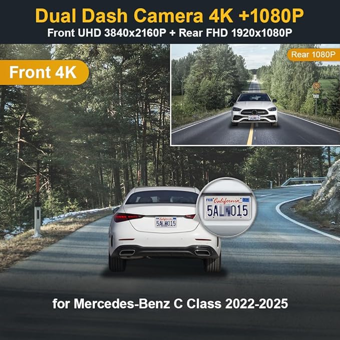 Fitcamx 2160P+Rear 1080P Dash Cam Adapts for Mercedes-Benz C-Class 2022-2025 C300 Sedan Coupe Cabriolet (HD2-6329), OEM Look, Dual HD Video, Loop Recording, WiFi & APP, G-Sensor, Easy to Set, 128GB