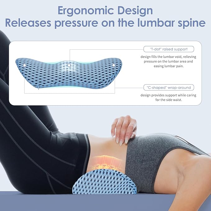 Lumbar Support Pillow, Back Pillow for Low Back Pain Relief, Ergonomic Streamline Car Seat, Office Chair, Recliner and Bed (Blue)