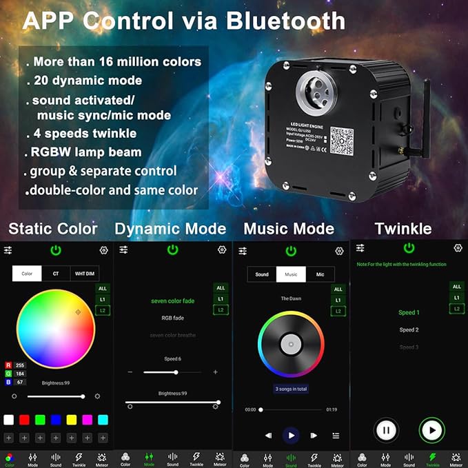 AZIMOM High Brightness 50W Twinkle 1000pcs*0.03in*13.1ft Fiber Optic Starlight Kits End Glow Fiber Strands Sound Activated Bluetooth/APP Remote Control Theater Ceiling Home Shop Lobby Roof Decor