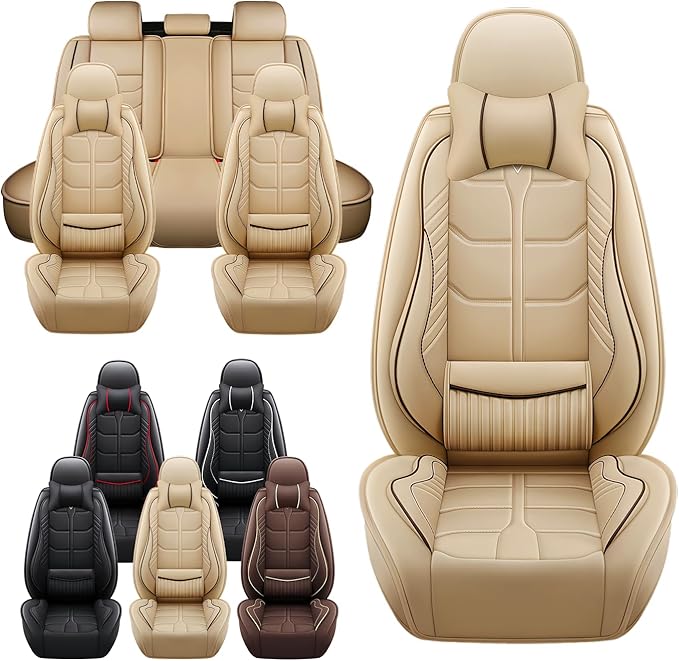 Leather Car Seat Covers Fit for Toyota Corolla Cross 2022-2024, 5 Seater Car Seat Cover, Premium Waterproof, Scratch Resistant Car Interior Accessories (Full Set with Pillow Beige)