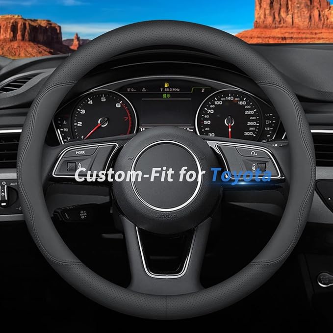 Custom-Fit Leather Car Steering Wheel Cover, 15 inches, B-Style, For Toyota