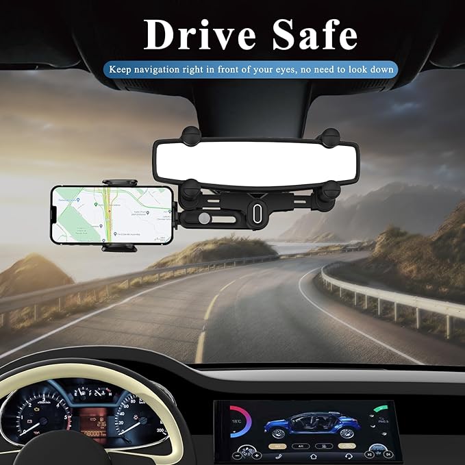 Car Phone Holder Mount, Rear View Mirror Phone Holder, Rotatable and Retractable Phone Holders for Your Car Compatible with iPhone Samsung All 4-7 Inch Cell Phones