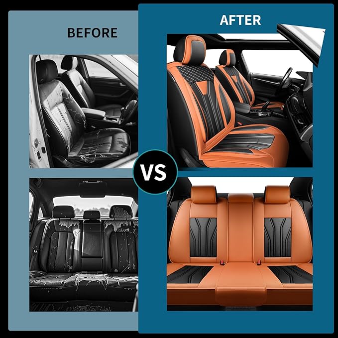 Fit Kona Car Seat Covers for Select Hyundai Kona 2018-2025 2026. Premium Leather, Waterproof， Breathable, Scratch-Resistant & All-Weather Seat Cushion Protector (Front Pair, Orange&Black)