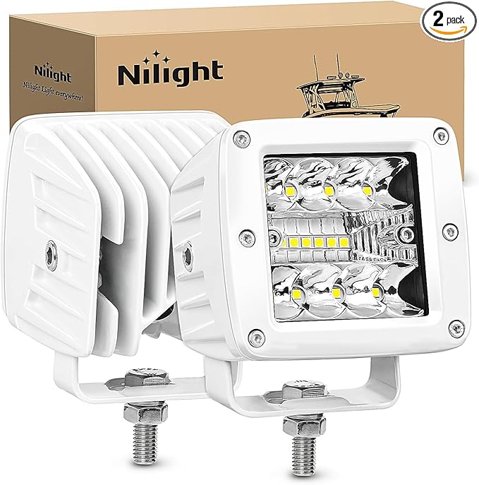 Nilight Marine LED Light Pods Navigation Lights 2PCS 3 Inch White Spot Flood Combo Ponton Boat Deck Dock Lighting for Night Fishing T-top Stern Yacht Port Sailboat Trucks Tractors