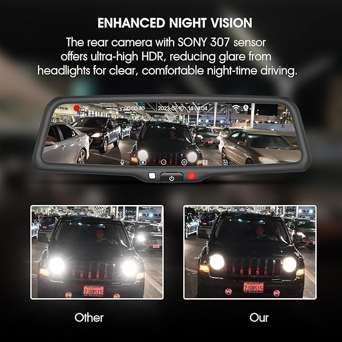 KBD Car OEM Rear View Mirror Dash Cam with SD, 2K Front and 1080P Rear 9.66'' with Back Up Camera, Touch Screen, Superior Night Vision, G-Sensor, Parking and Reversing Assistance