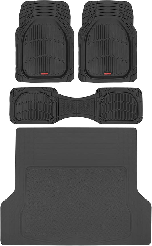 Motor Trend FlexTough™ Deep Dish Contours Rubber Car Floor Mats with Trunk Mat Cargo Liner, Front & Rear Combo Set fits Most Car SUV Van Coupe Sedan, Heavy Duty All Weather Trim to Fit