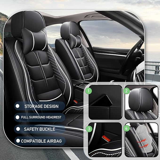Leather Car Seat Covers Fit for Toyota Highlander Hybrid 2006-2024, 5 Seater Car Seat Cover, Premium Waterproof, Scratch Resistant Car Interior Accessories (Full Set with Pillow Black White)