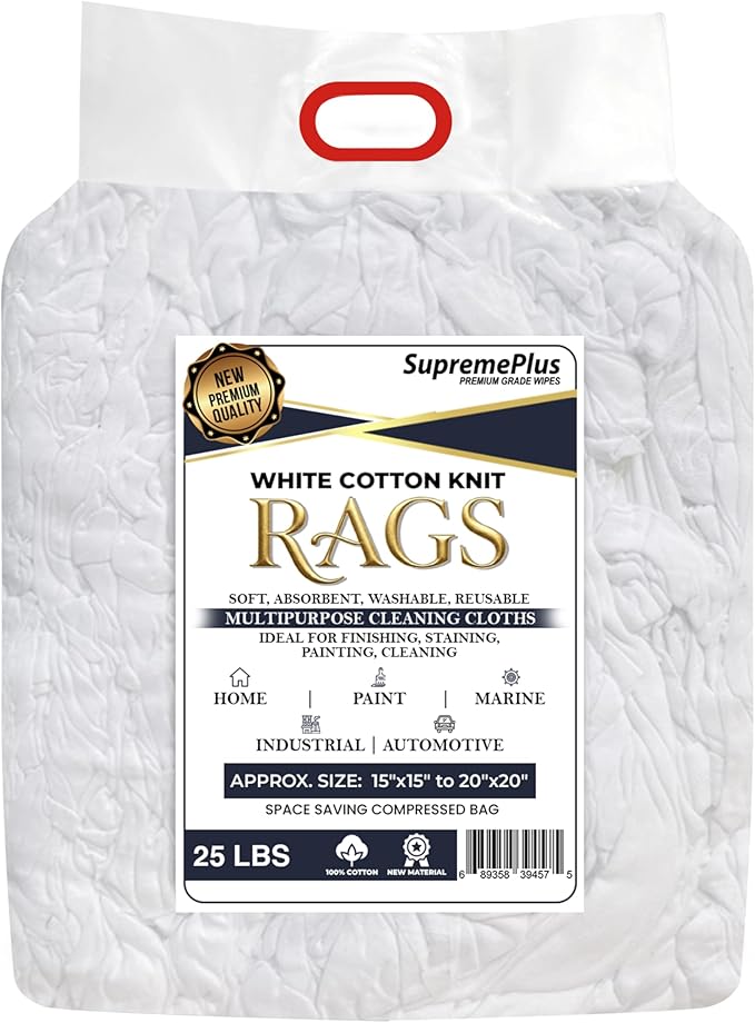 Premium New White Cotton Knit T-Shirt Rags (600 lbs. Pallet 24x25 lbs. Bag of Rags) - Lint-Free, Soft & Absorbent Bulk Cleaning Cloths for Auto, Paint, Garage, Staining & Polishing